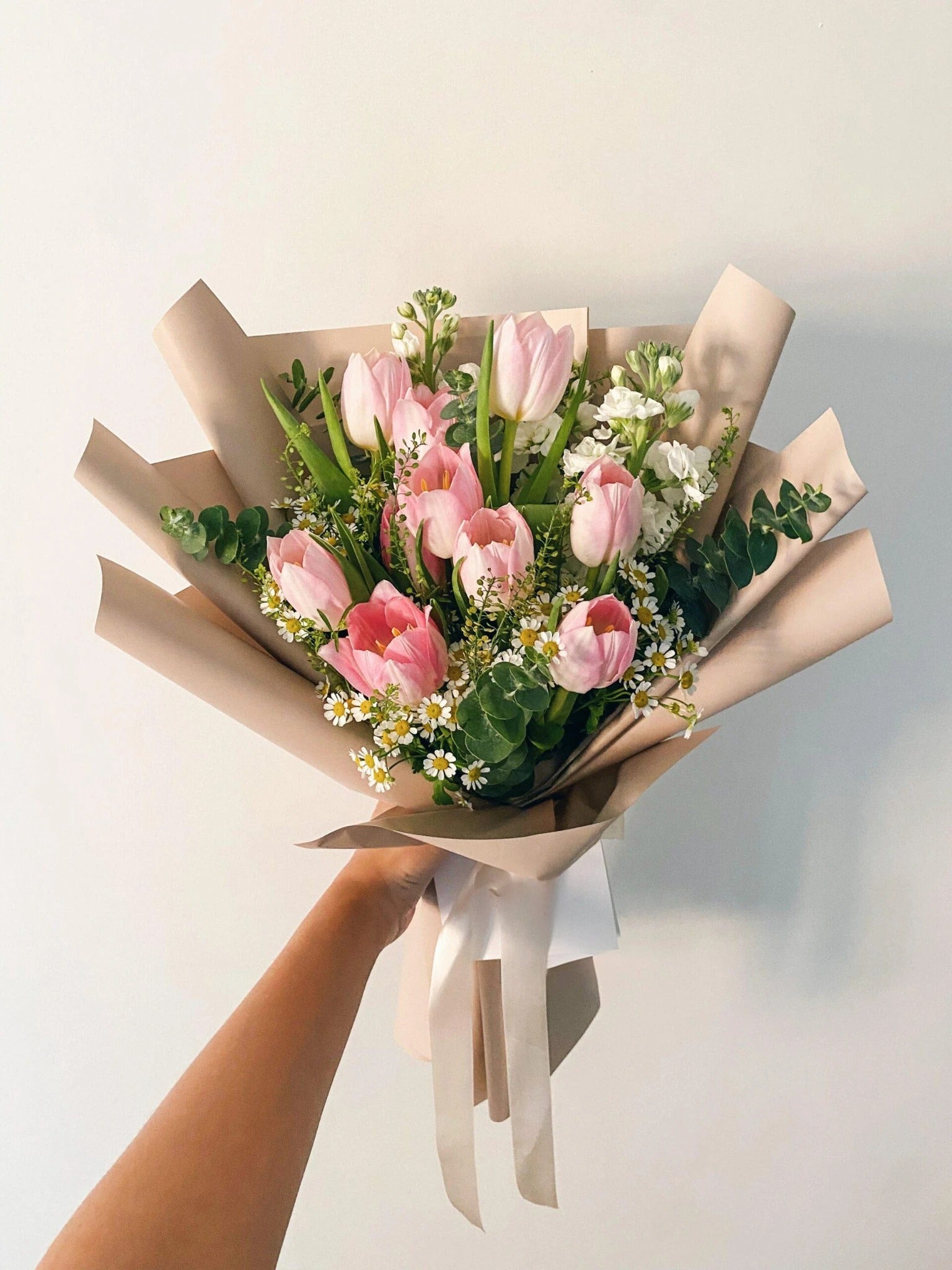 Pink Tulips & Matthiola with Eucalyptus By Flower Delivery Dubai for Valentines Day
