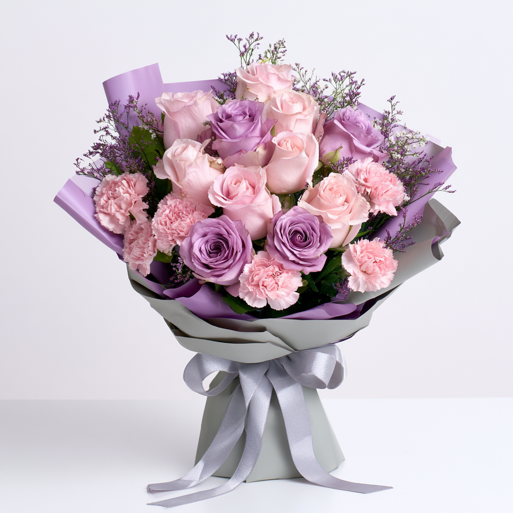 Lavender Blush bouquet of pink and purple roses with pink carnations — flower delivery in Dubai