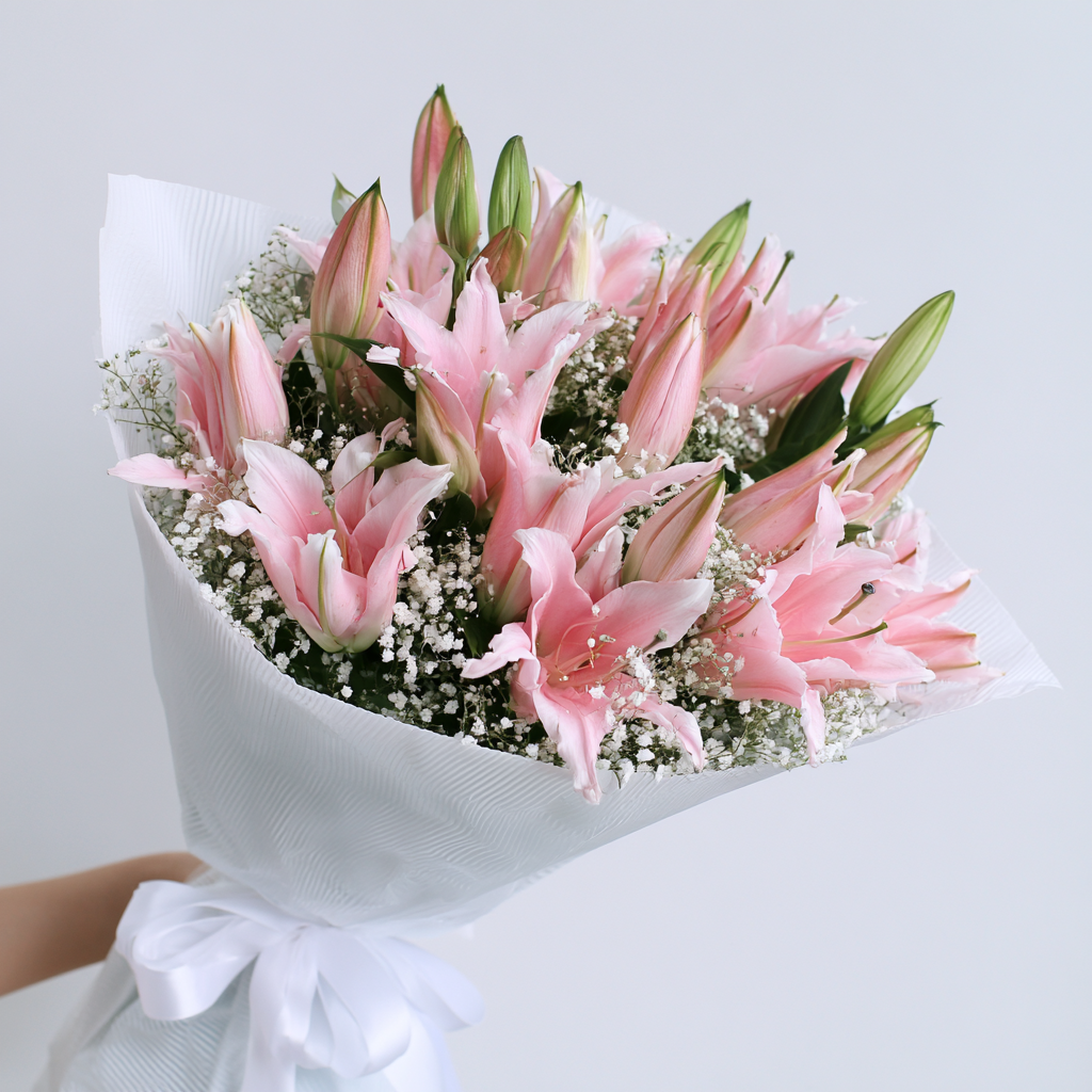 10 stems of pink lilies in a hand-tied bouquet — same-day lily delivery in Dubai