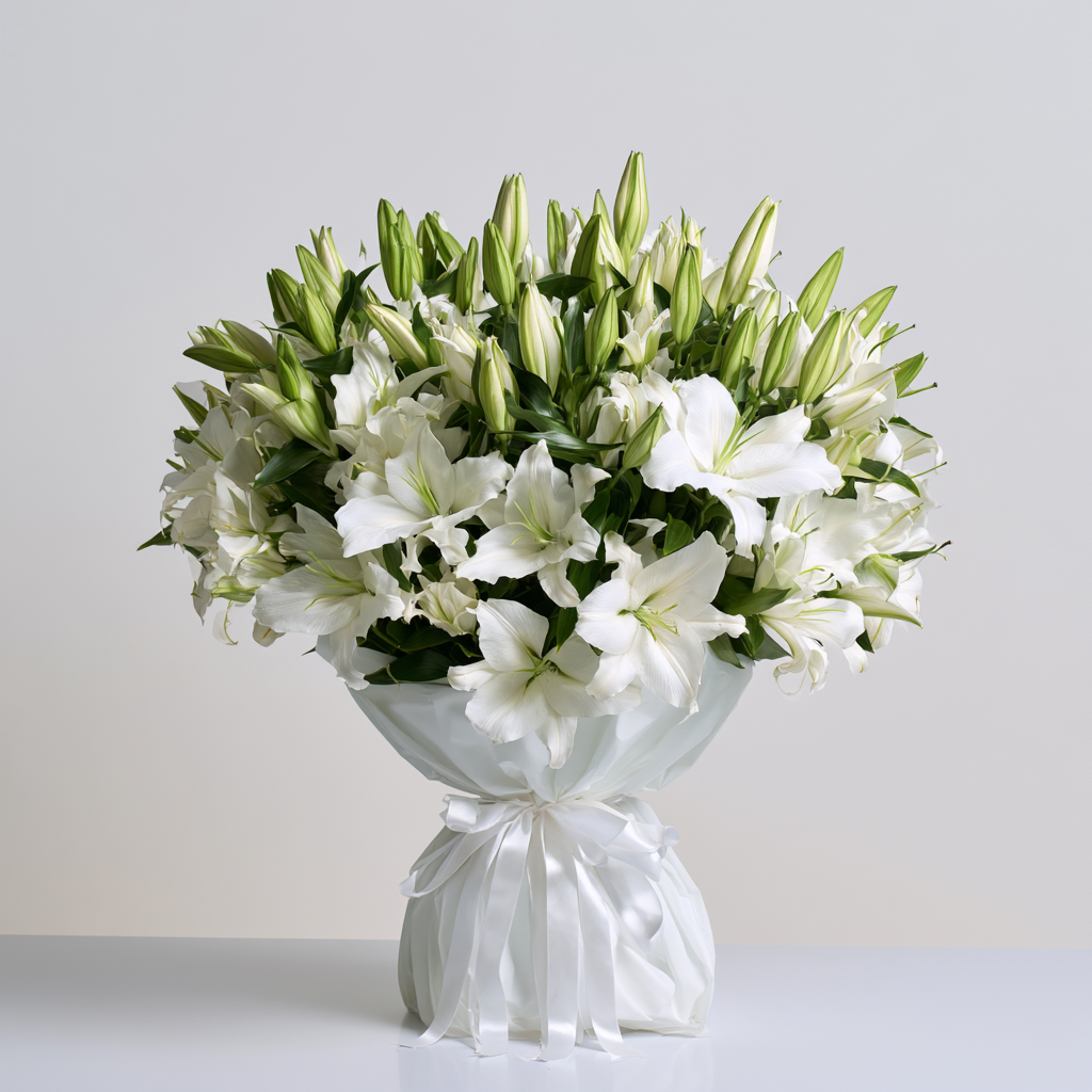 20 white lilies hand-tied into a large bouquet — same-day lily delivery in Dubai
