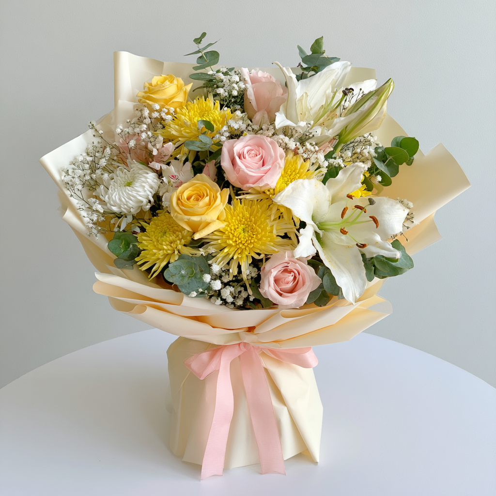 Golden Bliss bouquet of white lilies, yellow and pink roses with baby's breath — flower delivery in Dubai