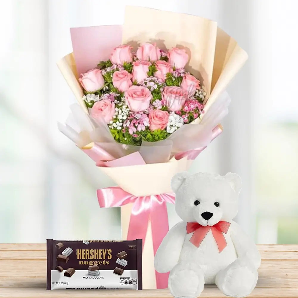 Baby’s Breath & 9 Pink Roses with Hershey’s & Teddy By Flower Delivery Dubai for Birthday