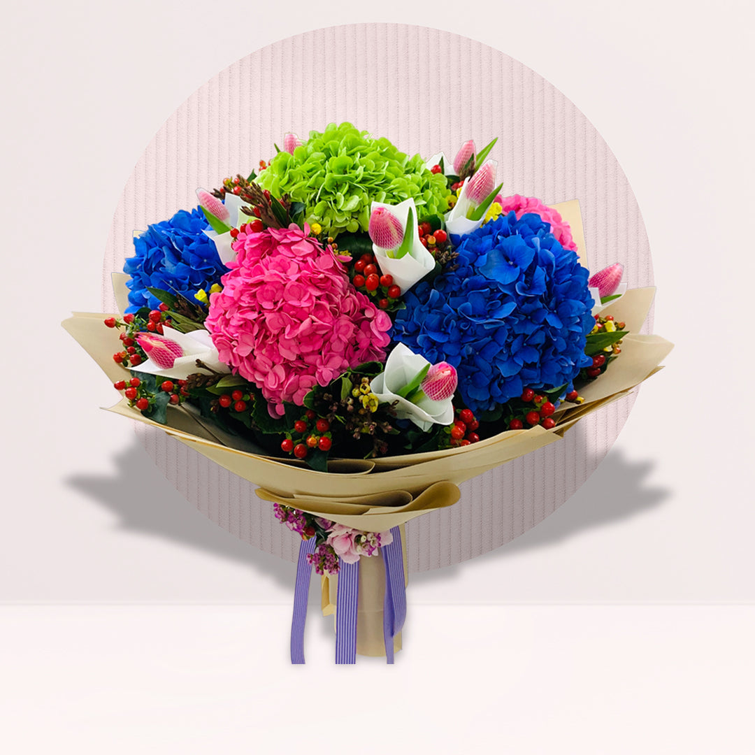 Blue Green Hydrangeas with Tulips & Wax Flowers By Flower Delivery Dubai for Anniversary