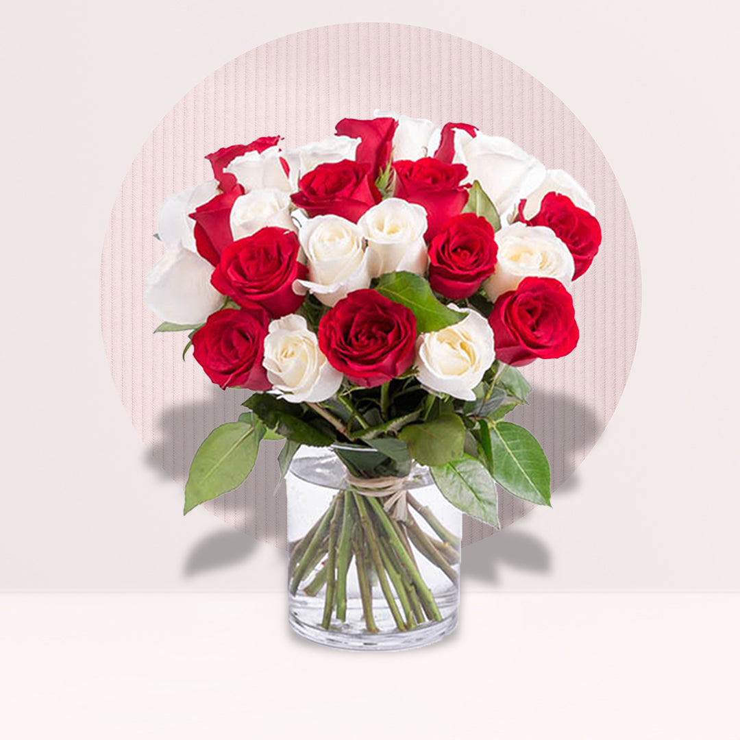 Red & White Roses in Cylinder Vase By Flower Delivery Dubai for Congratulations