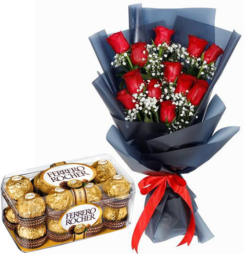 Ferrero Rocher & 12 Red Roses Combo — fresh flowers, same day delivery in Dubai
