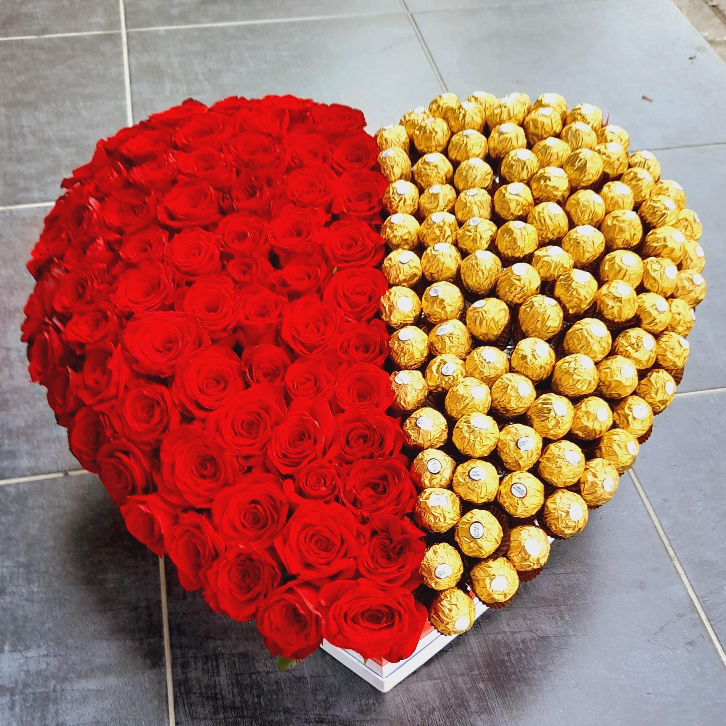 Heart Shaped 60 Red Roses & Ferrero Rocher By Flower Delivery Dubai for Congratulations
