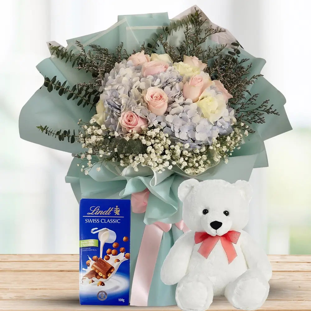Peach & Yellow Roses with Hydrangea, Lindt & Teddy By Flower Delivery Dubai for Friendship