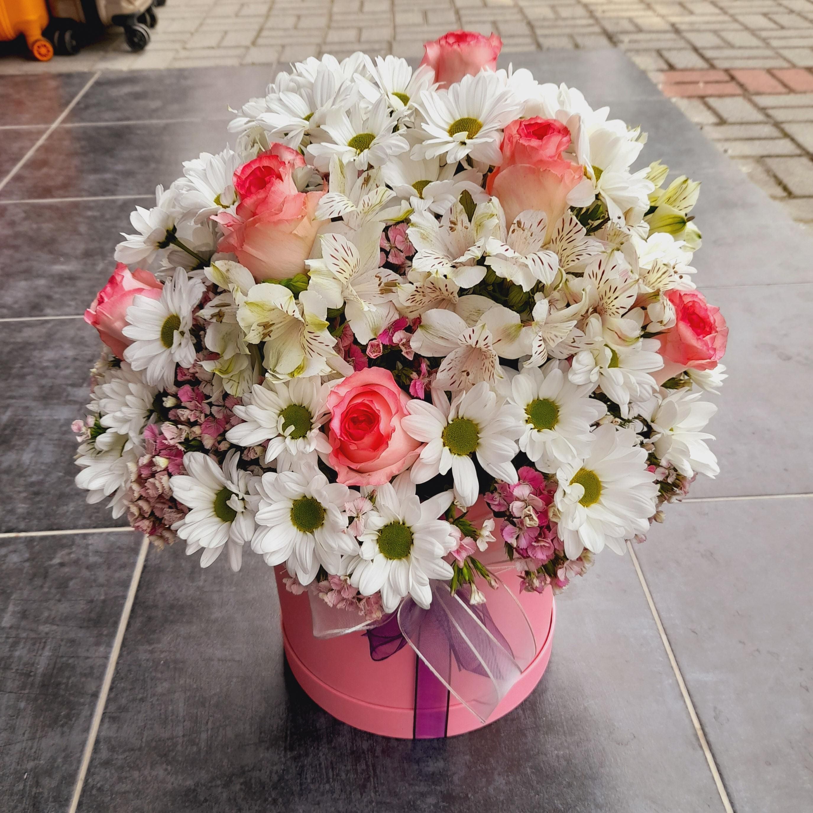 Jumilia Roses, Chrysanthemums & Baby’s Breath in Box By Flower Delivery Dubai for Birthday