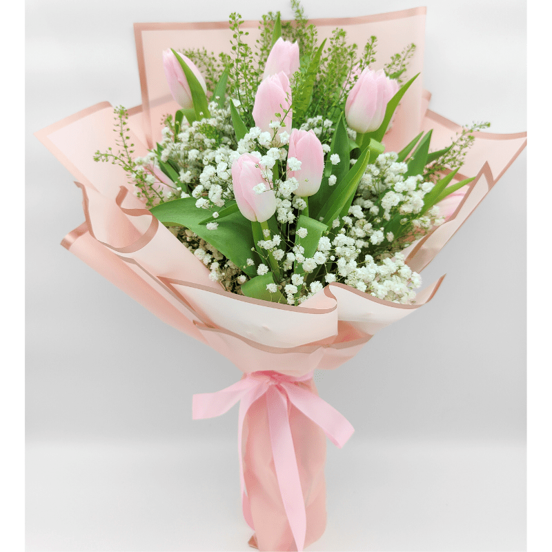 Light Pink Tulip, Baby’s Breath & Green Bell By Flower Delivery Dubai for him