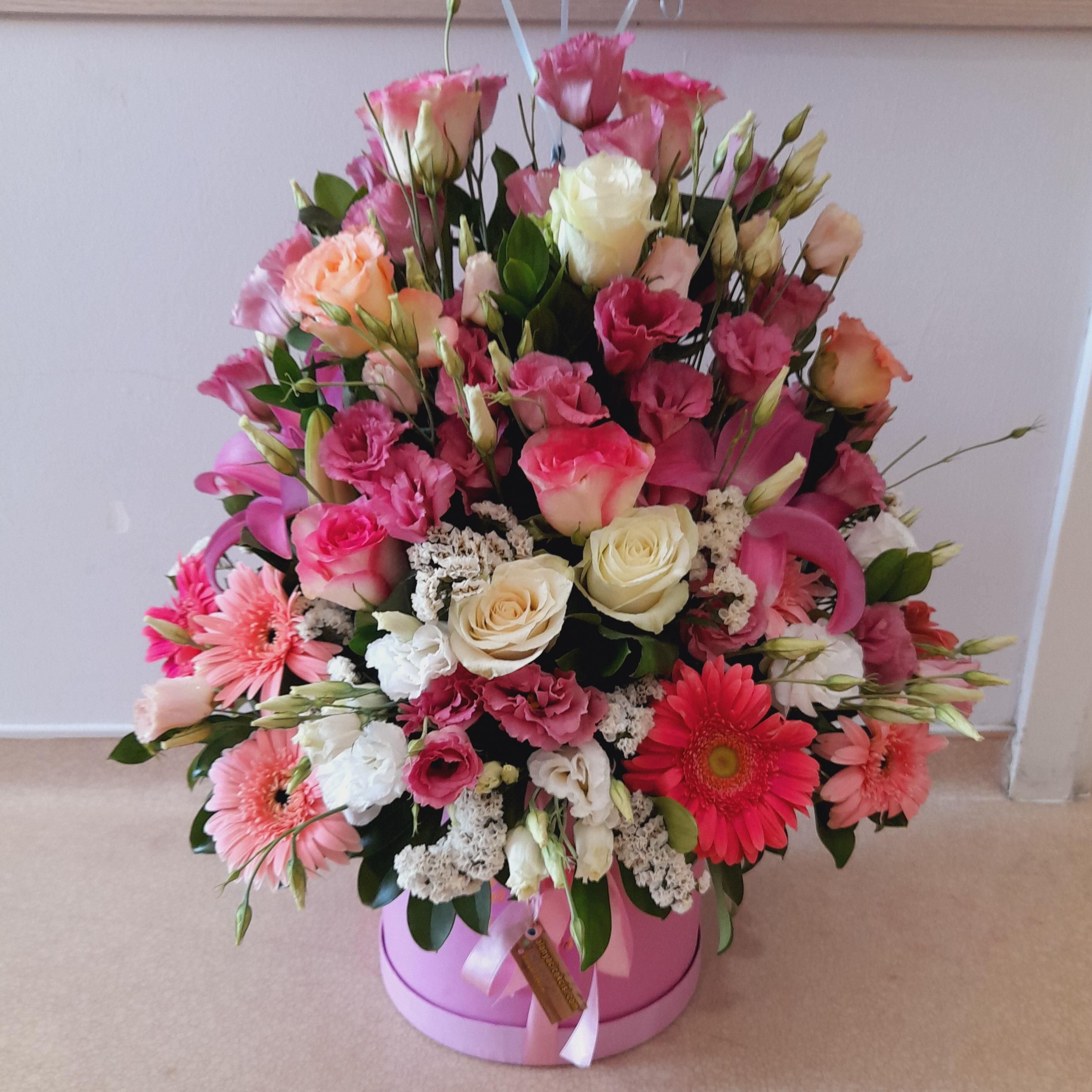 Lisianthus, Gerberas & Roses Box Arrangement By Flower Delivery Dubai for Congratulations