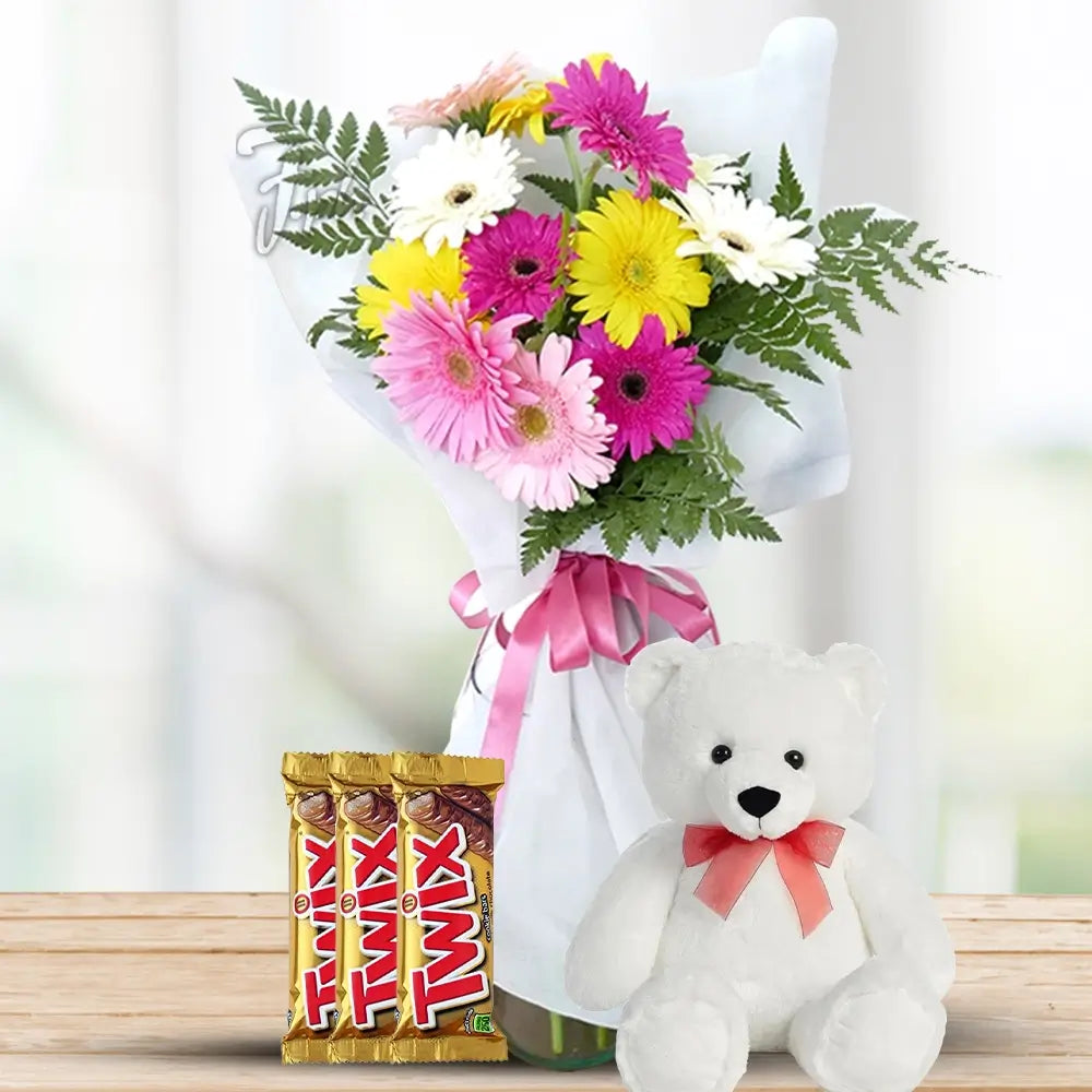 Mixed Gerberas with Green Fillers, Twix & Teddy By Flower Delivery Dubai for Wedding