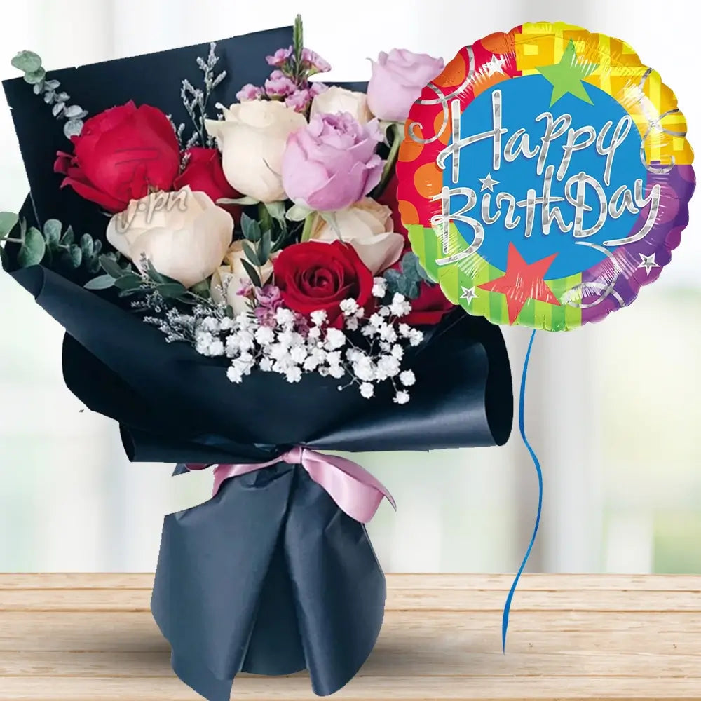 Mixed Roses & Happy Birthday Balloon — fresh flowers, same day delivery in Dubai