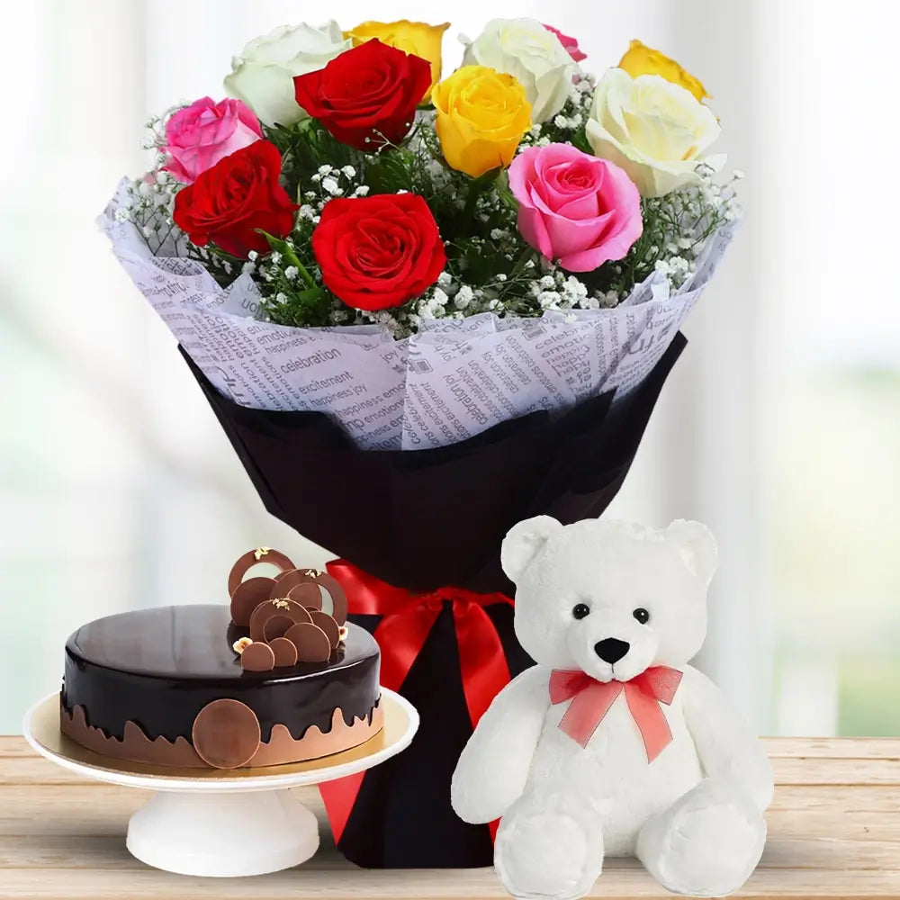 Mixed Roses with Cake & Teddy By Flower Delivery Dubai for her