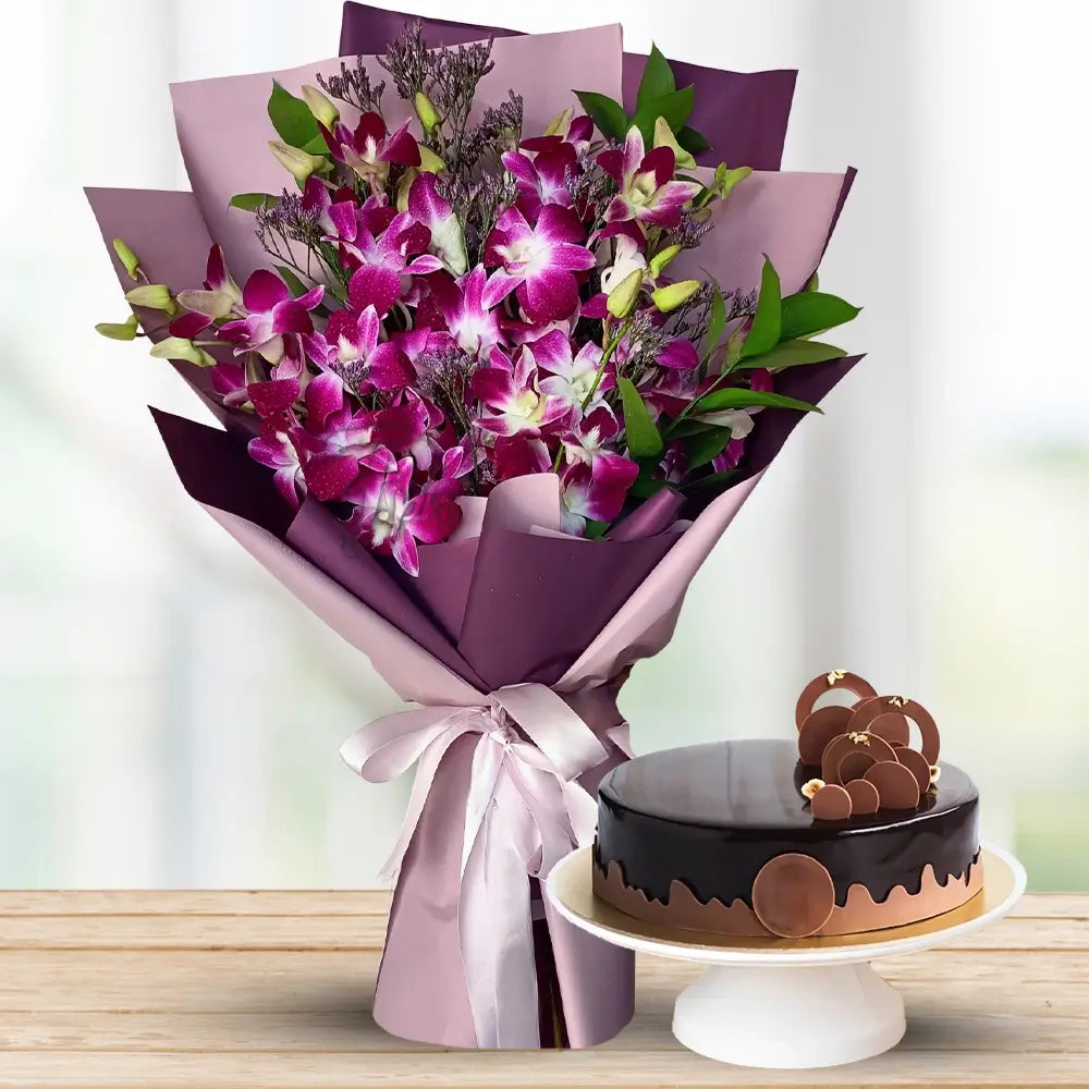 Orchids & Greens with Chocolate Cake By Flower Delivery Dubai for Congratulations