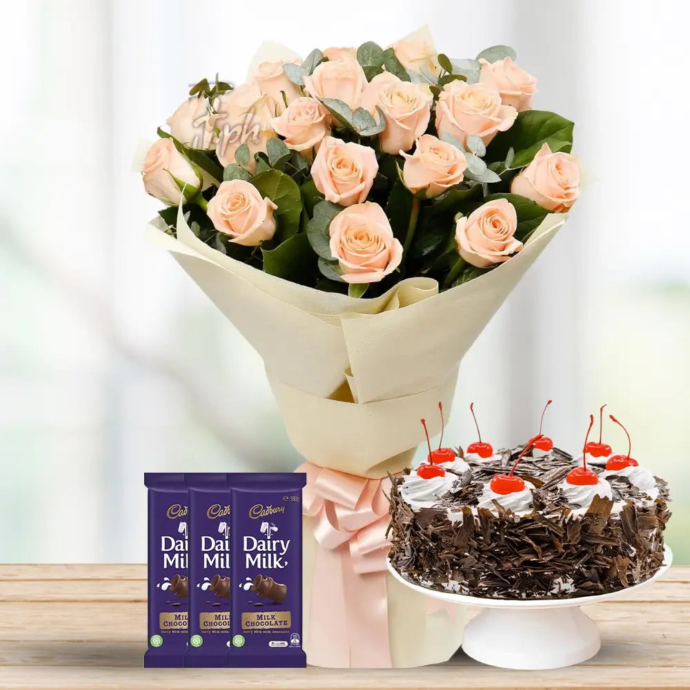 Peach Roses with Cadbury Chocolate By Flower Delivery Dubai for Anniversary