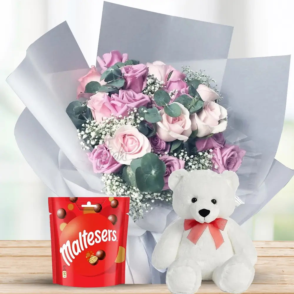 Pink & Purple Roses with Baby’s Breath, Maltesers & Teddy By Flower Delivery Dubai for Birthday
