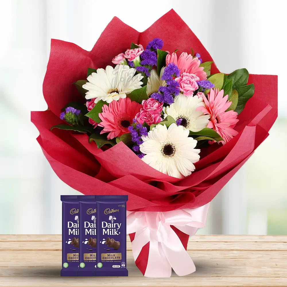 Pink & White Gerberas with Dairy Milk Silk By Flower Delivery Dubai for Valentines Day