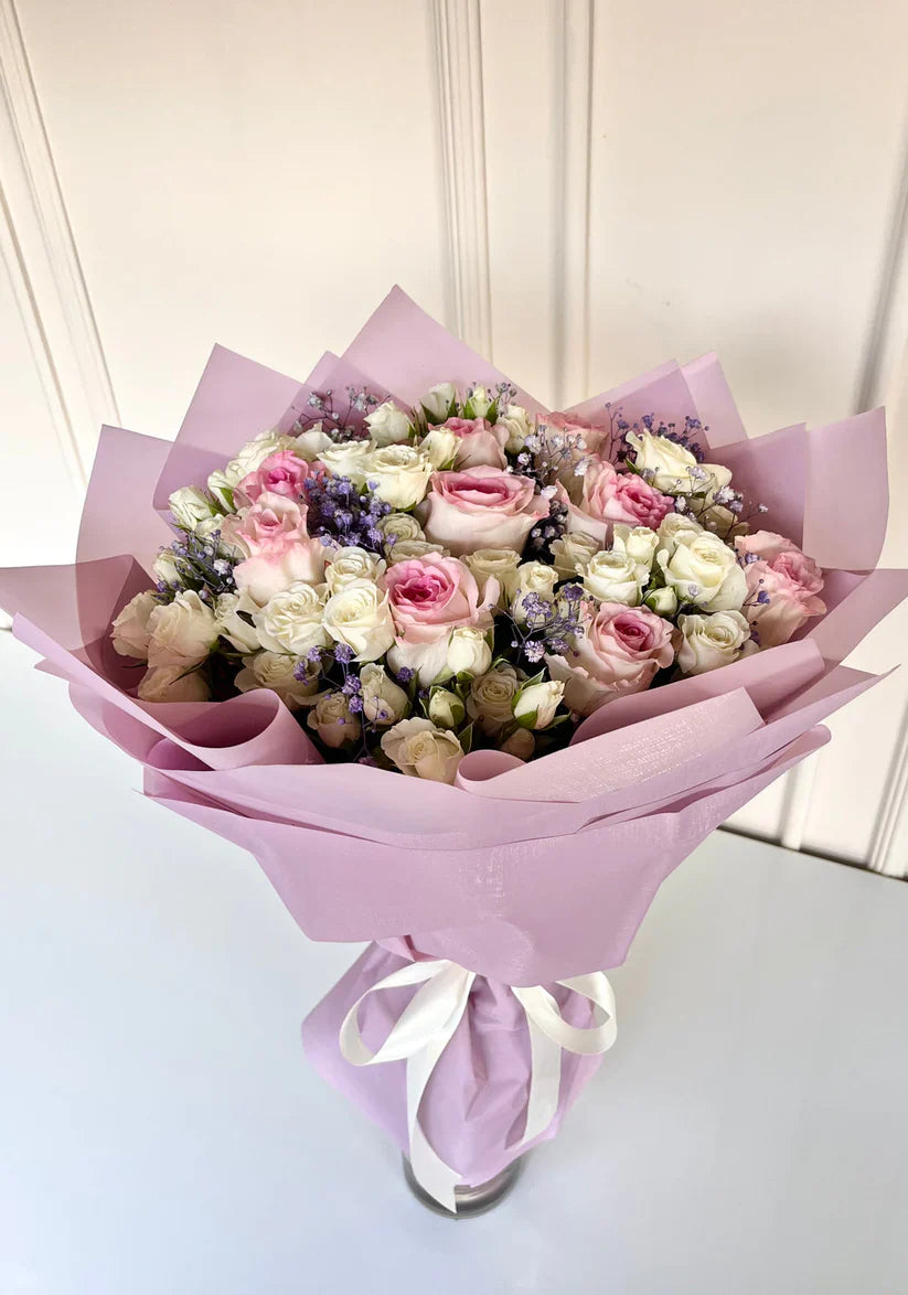 Pink & White Roses with Baby’s Breath — fresh flowers, same day delivery in Dubai