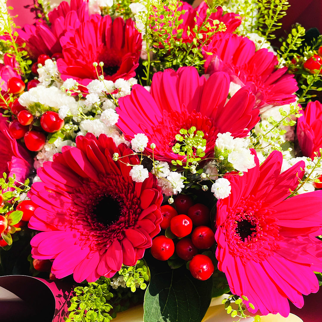 Pink Gerberas with Seasonal Fillers — fresh flowers, same day delivery in Dubai — arrangement view