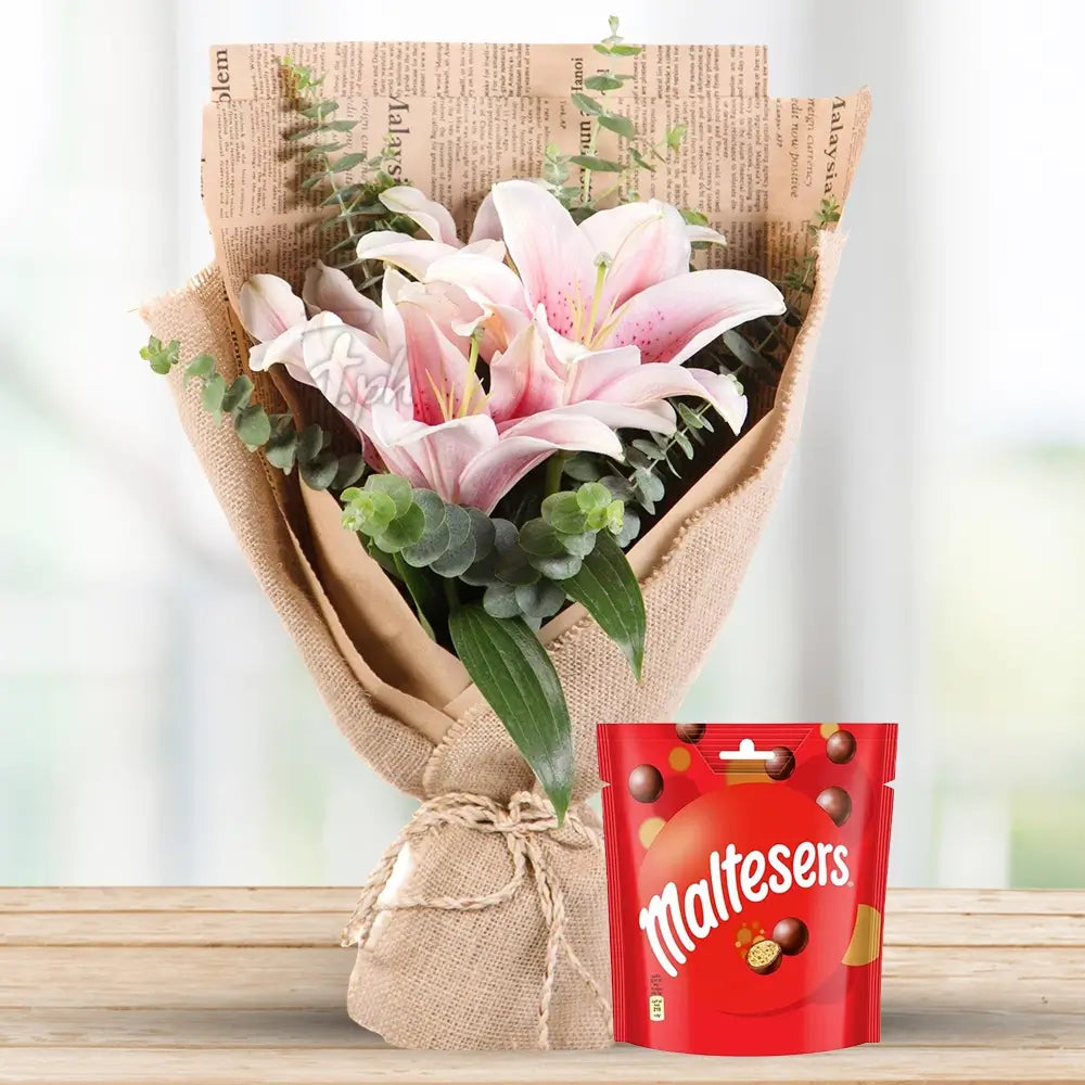 Pink Lilies with Eucalyptus & Maltesers By Flower Delivery Dubai for Wedding