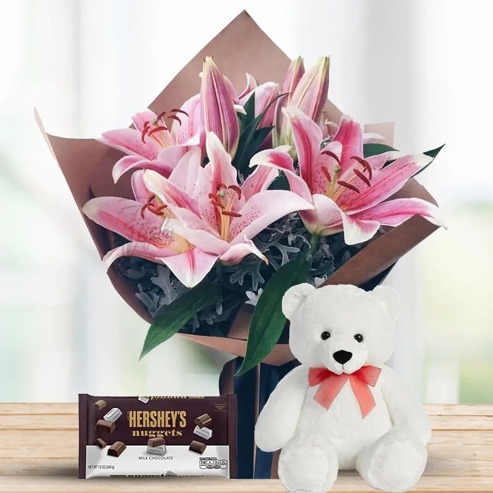 Pink Lilies with Fillers, Hershey’s & Teddy By Flower Delivery Dubai for him