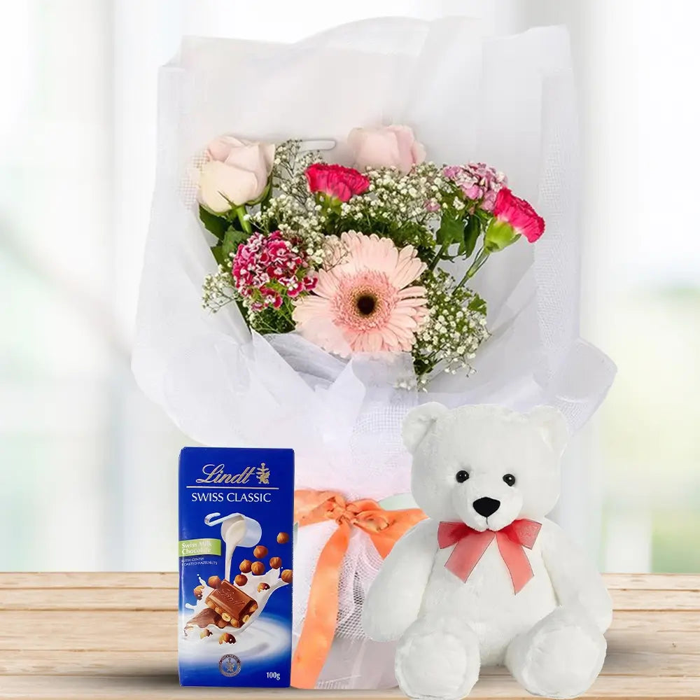 Pink Roses, Gerbera & Carnation with Lindt & Teddy By Flower Delivery Dubai for Anniversary