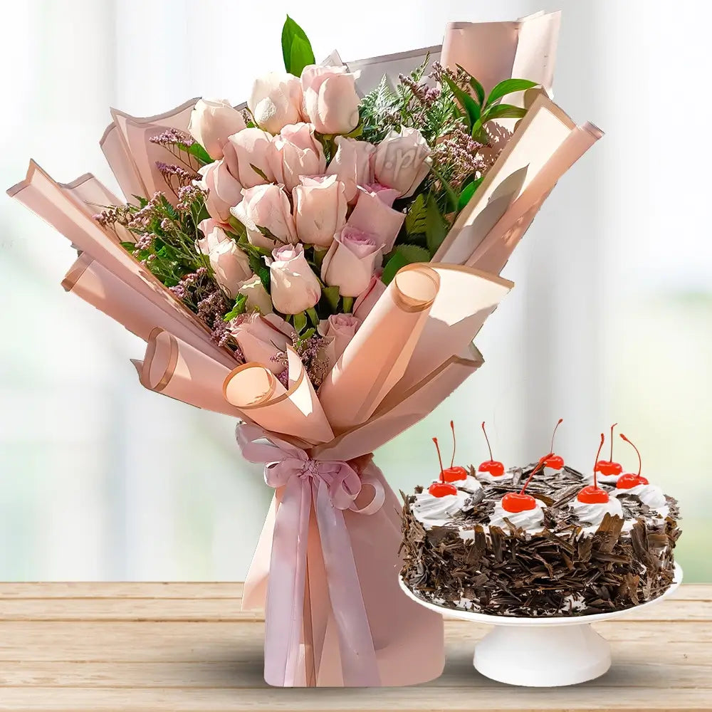 Pink Roses with Black Forest Cake By Flower Delivery Dubai for Valentines Day