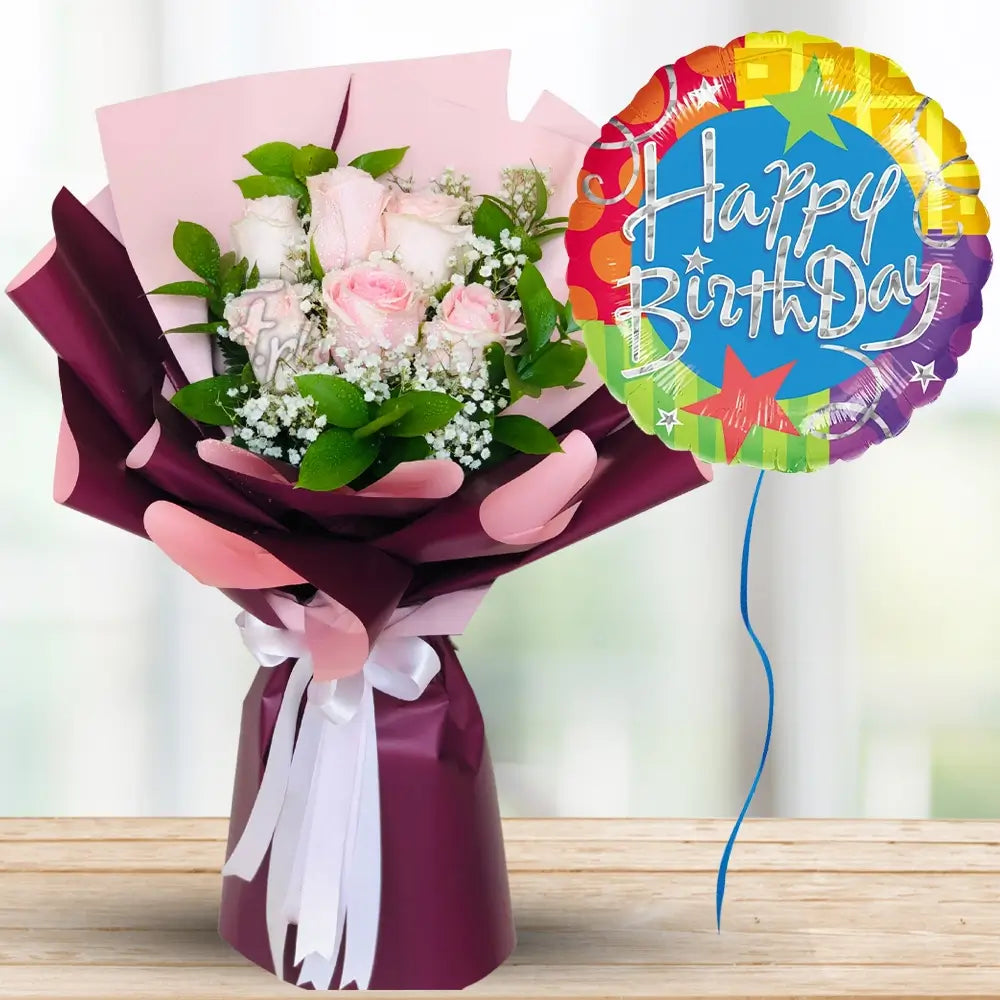 Pink Roses in Wrapping & Happy Birthday Balloon — fresh flowers, same day delivery in Dubai