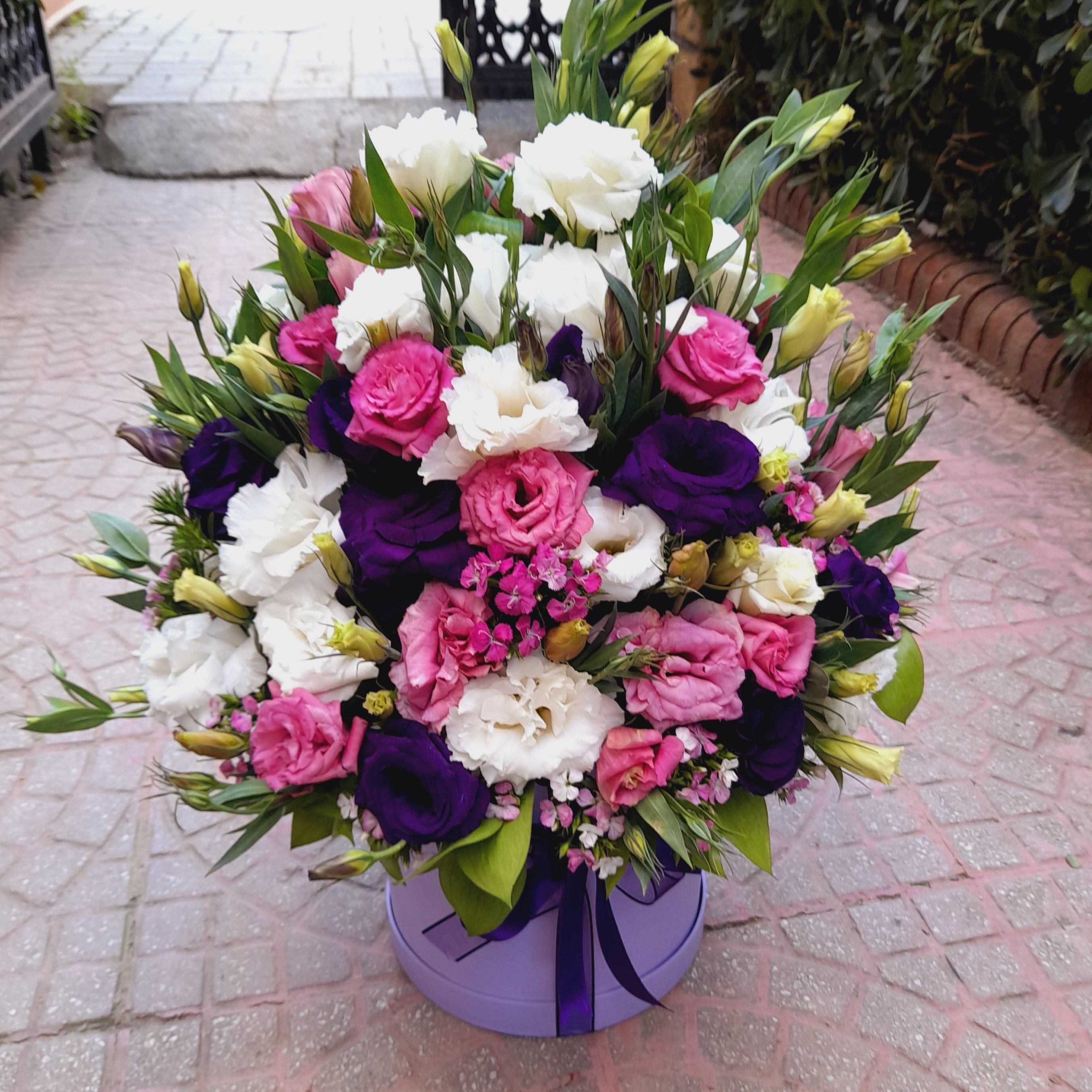 Pink, White & Blue Lisianthus in Box By Flower Delivery Dubai for Friendship