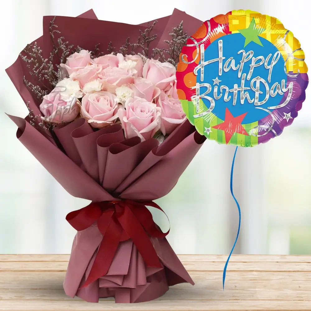 Pinkish White Roses with Birthday Balloon — fresh flowers, same day delivery in Dubai