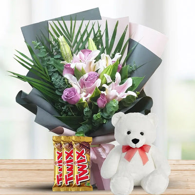 Purple Roses & Pink Lilies with Twix & Teddy By Flower Delivery Dubai for Congratulations