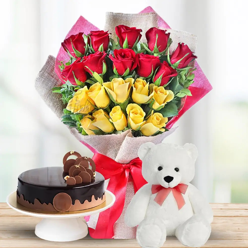 Red & Yellow Roses with Cake & Teddy By Flower Delivery Dubai for Birthday