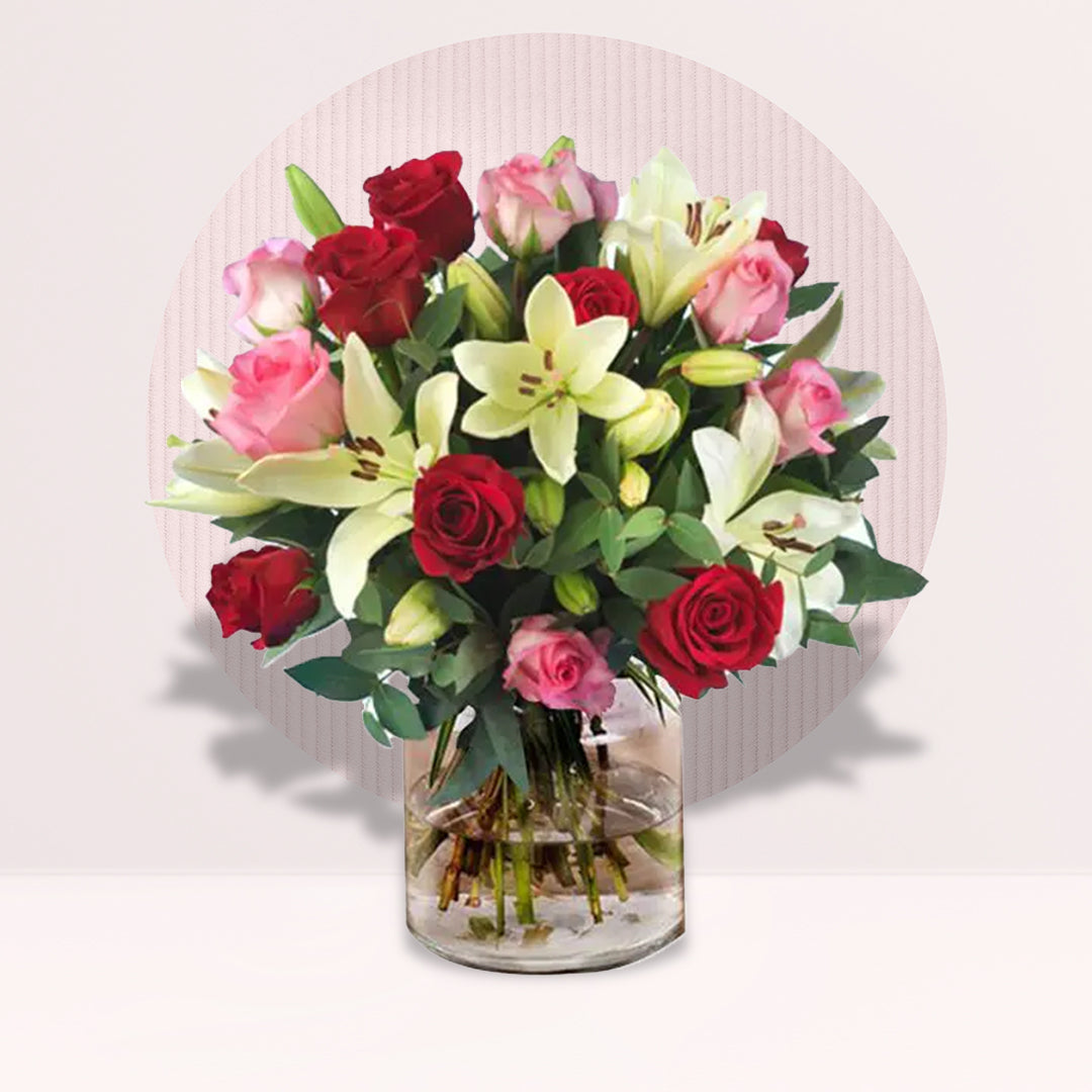 Red, Pink Roses & Lilies Bouquet — fresh flowers, same day delivery in Dubai