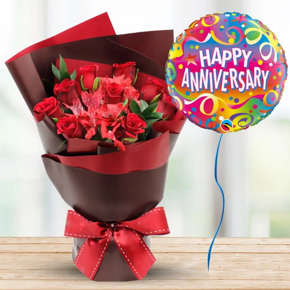 Red Roses & Alstroemeria with Anniversary Balloon — fresh flowers, same day delivery in Dubai