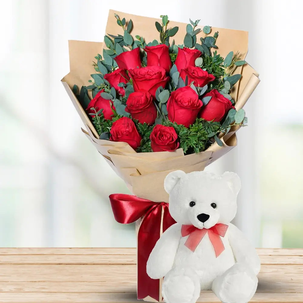 Red Roses & Teddy Bear Bunch By Flower Delivery Dubai for Valentines Day