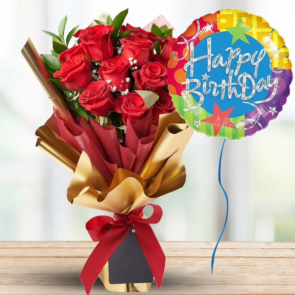 Red Roses & Baby’s Breath with Birthday Balloon — fresh flowers, same day delivery in Dubai