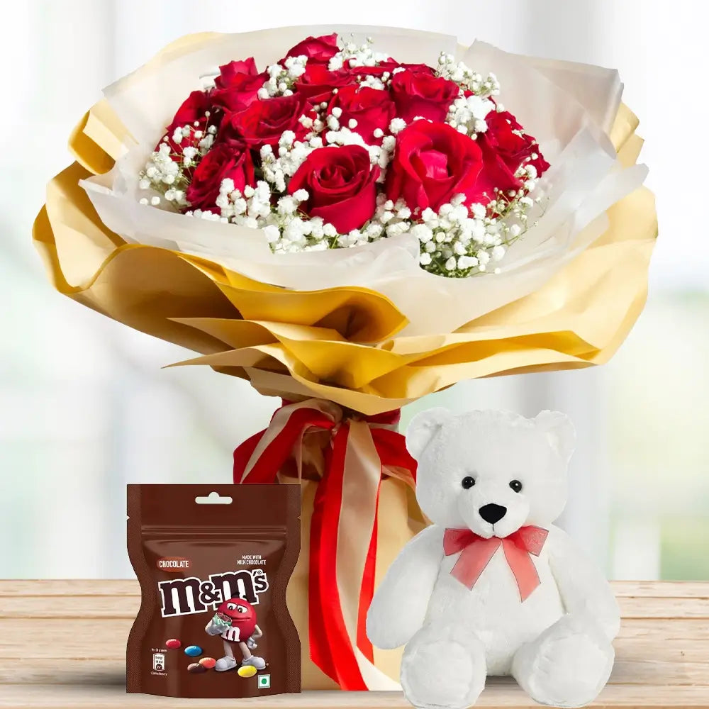 Red, Peach & Purple Roses with M&M & Teddy By Flower Delivery Dubai for Wedding