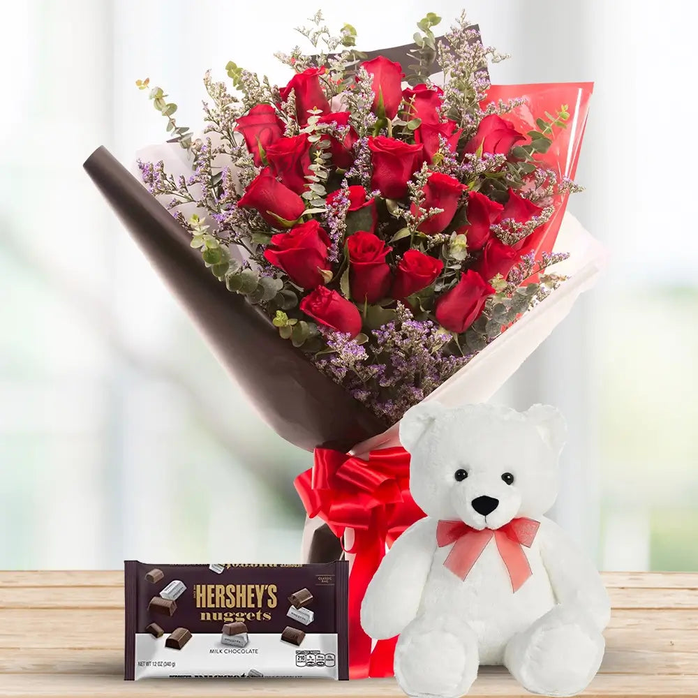 Red Roses, Eucalyptus & Teddy with Chocolate — fresh flowers, same day delivery in Dubai