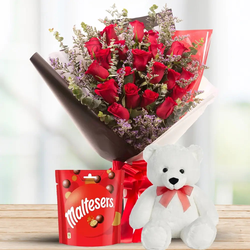 Red Roses, Eucalyptus & Teddy with Maltesers — fresh flowers, same day delivery in Dubai