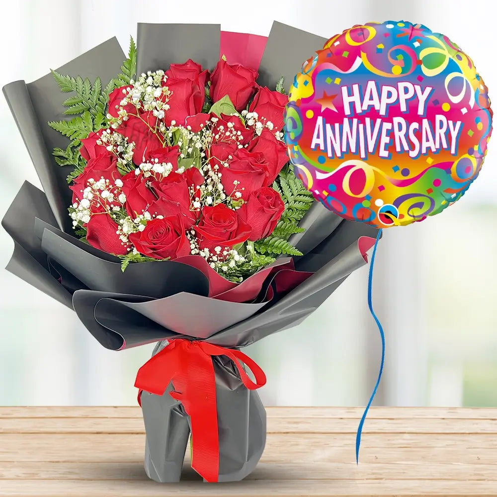Red Roses with Anniversary Balloon — fresh flowers, same day delivery in Dubai