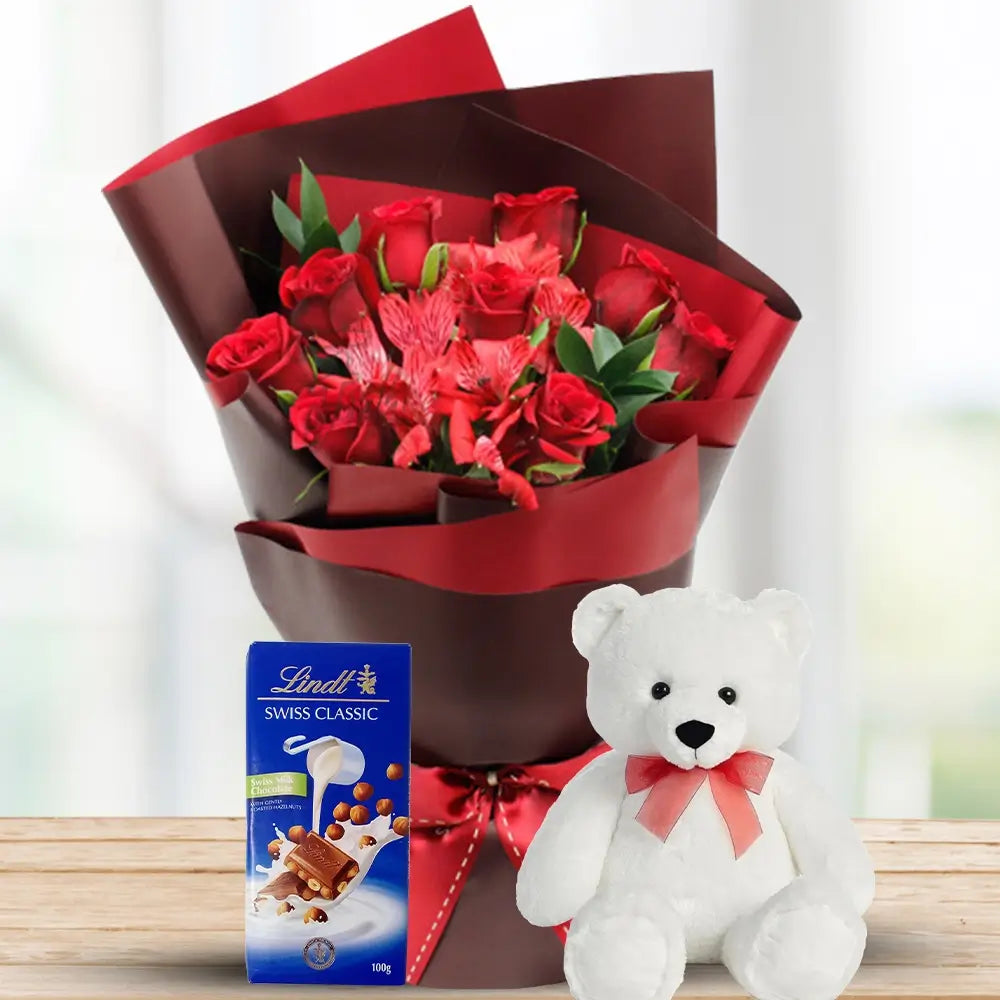 Roses, Alstroemeria & Chocolate Gift Set — fresh flowers, same day delivery in Dubai