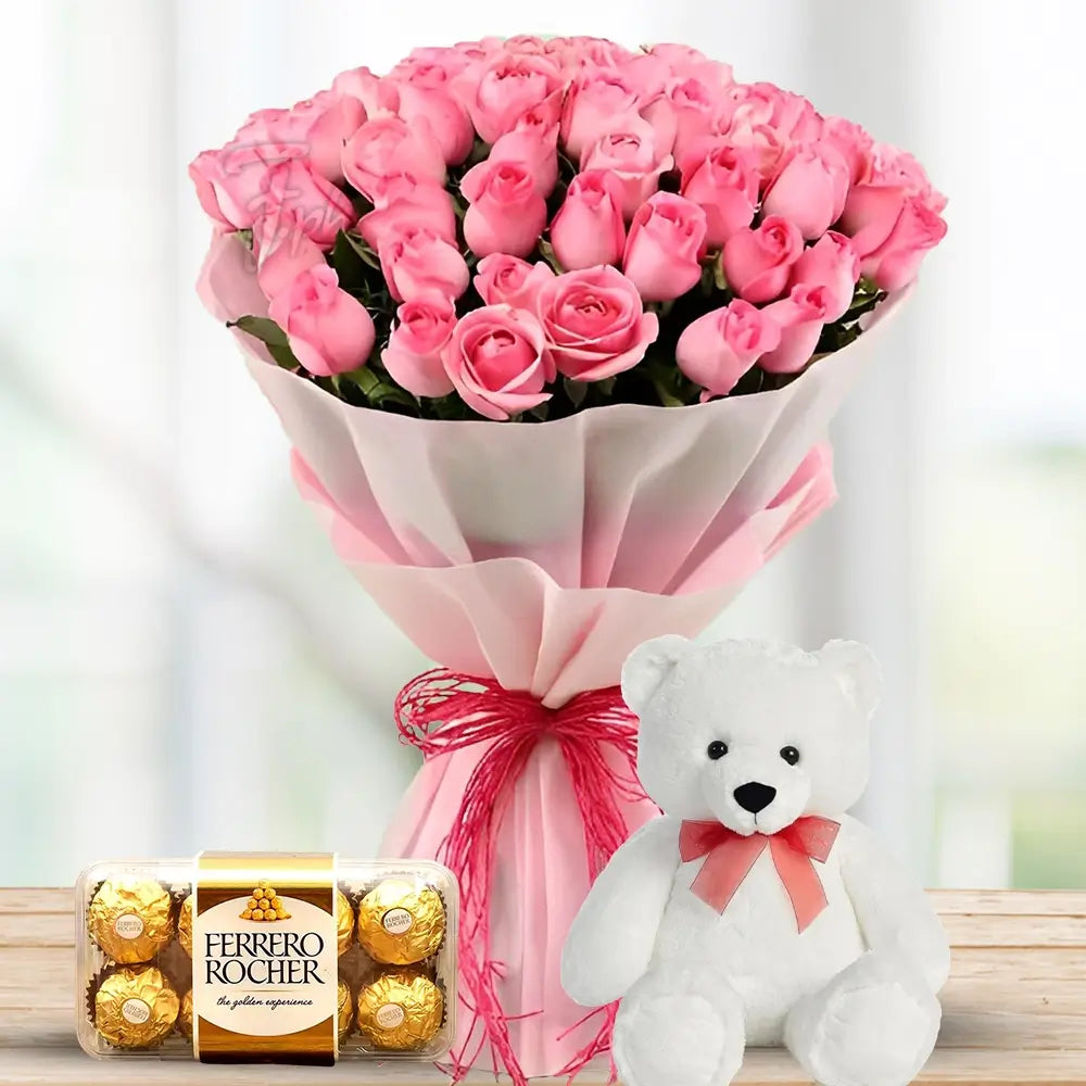 Roses with Fillers, Ferrero Rocher & Teddy By Flower Delivery Dubai for her