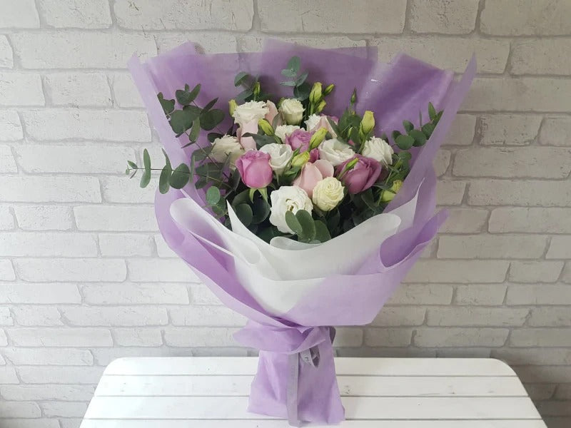 Roses with Eustomas & Eucalyptus — fresh flowers, same day delivery in Dubai