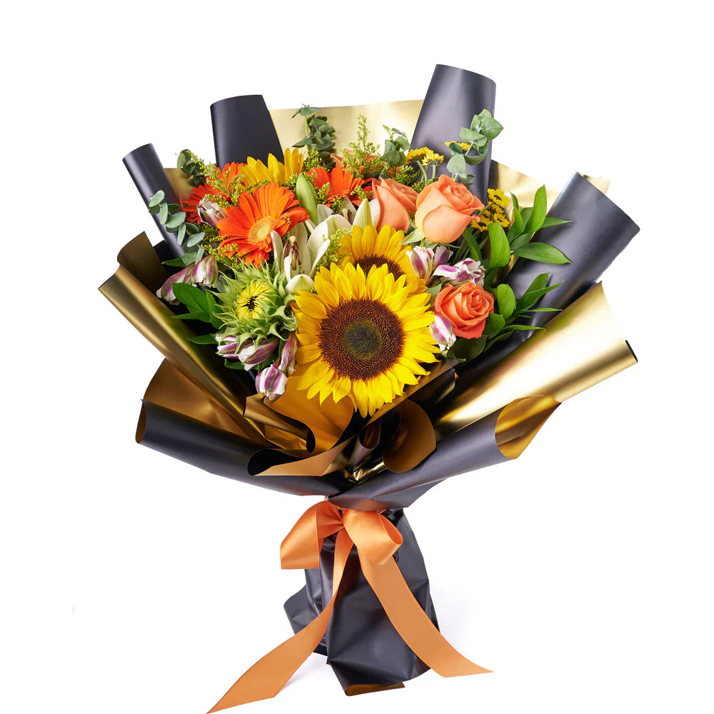 Sunflowers & Orange Flowers in Black & Gold Wrapping By Flower Delivery Dubai for Friendship