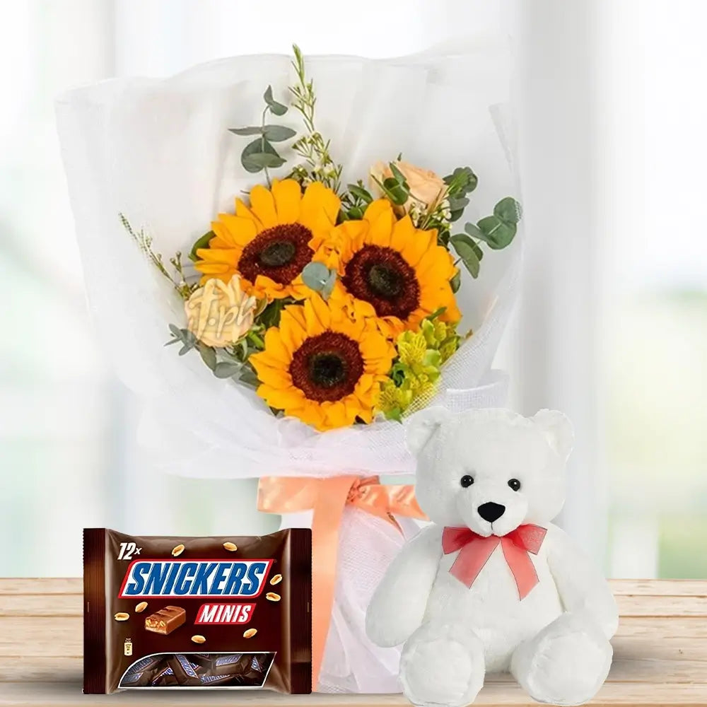 Sunflowers, Champagne Roses & Waxflower with Snickers & Teddy By Flower Delivery Dubai for her