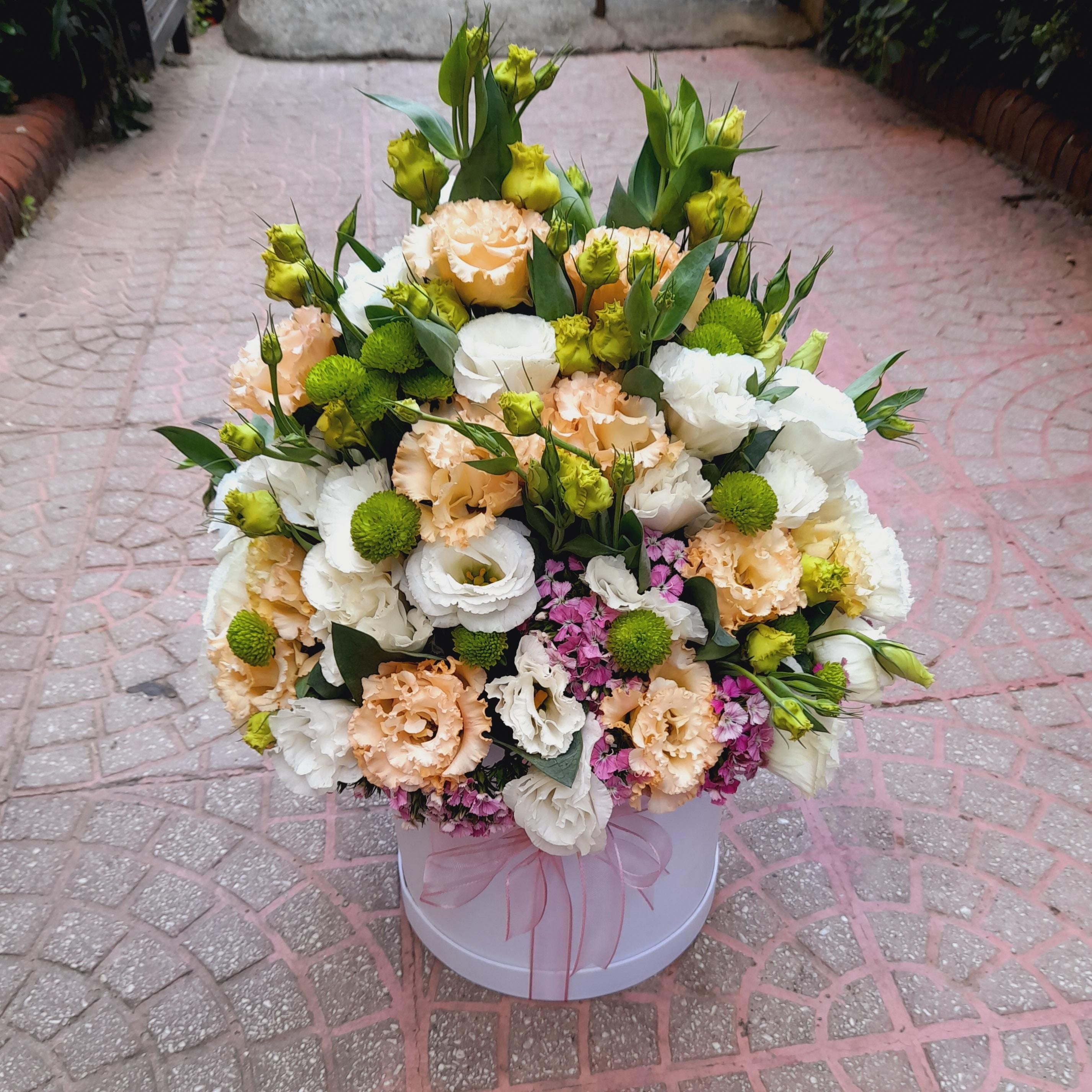 White & Peach Lisianthus Box Arrangement By Flower Delivery Dubai for Anniversary