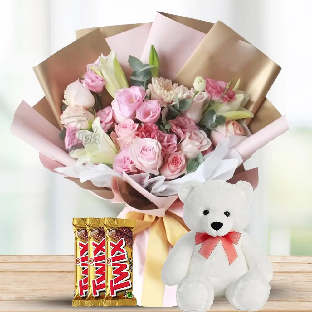 Lilies, Roses & Chrysanthemums with Twix & Teddy By Flower Delivery Dubai for Wedding
