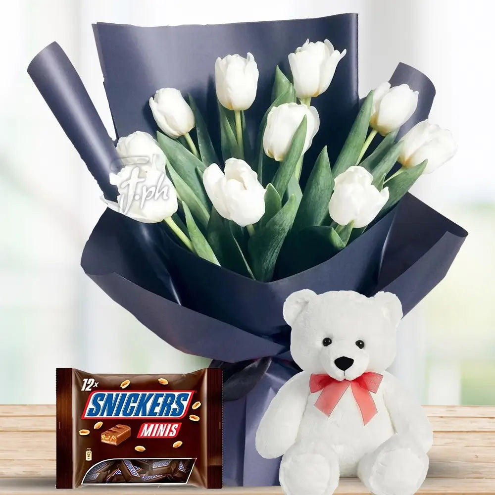 White Tulips in Black Wrapping with Snickers & Teddy By Flower Delivery Dubai for Valentines Day